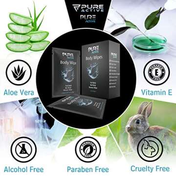 Pure Active Shower Body Wipes, 40 Individually Wrapped for Travel