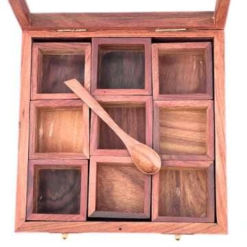 collectiblesBuy Handicrafted Brown Designer Wooden Spice Box Kitchen & Dining Great 9 Spices Storage Boxes 8 x 8 x 2.5 for Kitchen Accessories Table Decor