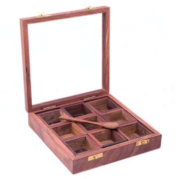 collectiblesBuy Handicrafted Brown Designer Wooden Spice Box Kitchen & Dining Great 9 Spices Storage Boxes 8 x 8 x 2.5 for Kitchen Accessories Table Decor