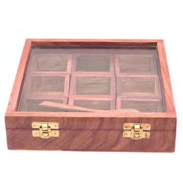 collectiblesBuy Handicrafted Brown Designer Wooden Spice Box Kitchen & Dining Great 9 Spices Storage Boxes 8 x 8 x 2.5 for Kitchen Accessories Table Decor