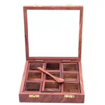 collectiblesBuy Handicrafted Brown Designer Wooden Spice Box Kitchen & Dining Great 9 Spices Storage Boxes 8 x 8 x 2.5 for Kitchen Accessories Table Decor