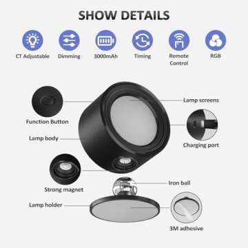 Lightbiz LED Wall Lights with Remote, RGB Ambience Wall Sconces Lamp 3000mAh Rechargeable Battery Operated, 3 Color Temp & Dimmable Magnetic 360° Rotation Cordless Light for Living Room Bedside