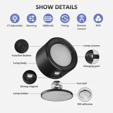 Lightbiz LED Wall Lights with Remote, RGB Ambience Wall Sconces Lamp 3000mAh Rechargeable Battery Operated, 3 Color Temp & Dimmable Magnetic 360° Rotation Cordless Light for Living Room Bedside
