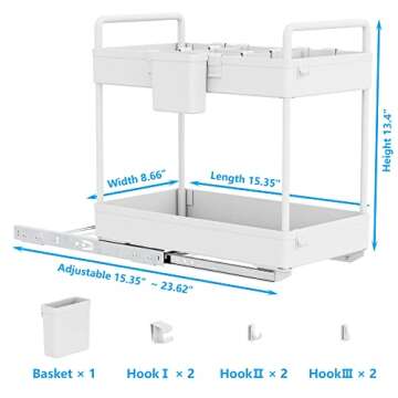 HEITICUP 2 Tier Under-Sink Organizers and Storage, Sliding Cabinet Basket Organizers, Pull Out Home Organizers with Hooks & Hanging Cups for Bathroom, Kitchen, Laundry Room, White