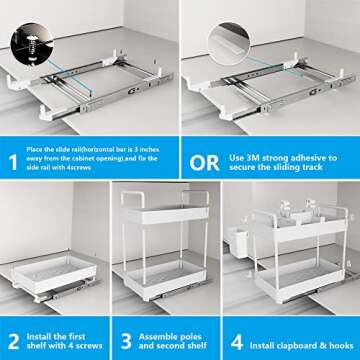 HEITICUP 2 Tier Under-Sink Organizers and Storage, Sliding Cabinet Basket Organizers, Pull Out Home Organizers with Hooks & Hanging Cups for Bathroom, Kitchen, Laundry Room, White