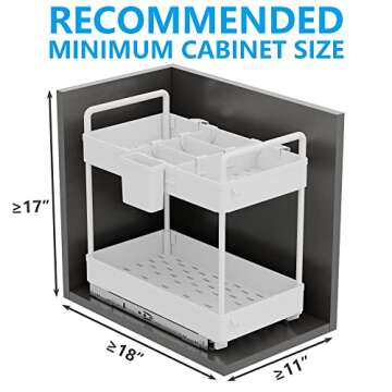 HEITICUP 2 Tier Under-Sink Organizers and Storage, Sliding Cabinet Basket Organizers, Pull Out Home Organizers with Hooks & Hanging Cups for Bathroom, Kitchen, Laundry Room, White