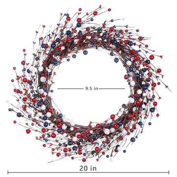 J'FLORU 4th of July Wreath,20in America Patriotic Wreath Red White Blue Berry Wreath for 4th of July...