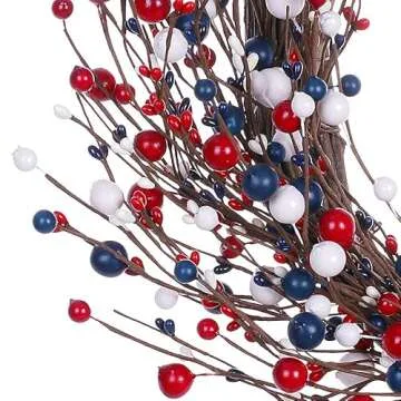 J'FLORU 4th of July Wreath,20in America Patriotic Wreath Red White Blue Berry Wreath for 4th of July Decor and Independence Day Celebration