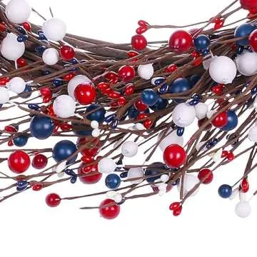 J'FLORU 4th of July Wreath,20in America Patriotic Wreath Red White Blue Berry Wreath for 4th of July Decor and Independence Day Celebration