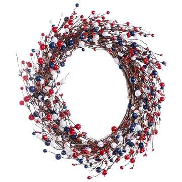 J'FLORU 4th of July Wreath,20in America Patriotic Wreath Red White Blue Berry Wreath for 4th of July Decor and Independence Day Celebration