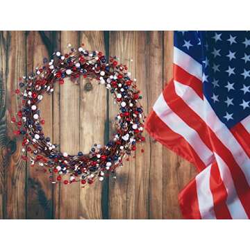 J'FLORU 4th of July Wreath,20in America Patriotic Wreath Red White Blue Berry Wreath for 4th of July Decor and Independence Day Celebration