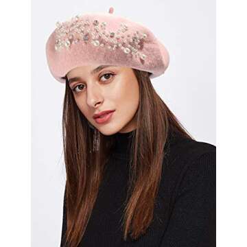 boderier Womens Beret Hat Pearl Rhinestone Wool Winter Warm Beanies Hat French Artist Hats (Pink)