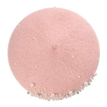 boderier Womens Beret Hat Pearl Rhinestone Wool Winter Warm Beanies Hat French Artist Hats (Pink)