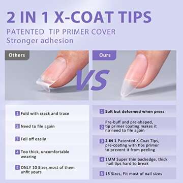 Almond Nail Tips Fake Nails - BTArtbox X-Coat Tips Natural with Tip Primer Cover, Stronger Nail Adhesion, Soft Gel Nail Tips, Pre-shaped Almond Gel Tips for Nail Art