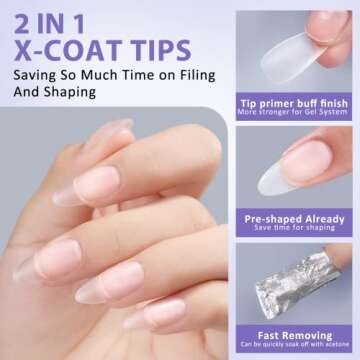 Almond Nail Tips Fake Nails - BTArtbox X-Coat Tips Natural with Tip Primer Cover, Stronger Nail Adhesion, Soft Gel Nail Tips, Pre-shaped Almond Gel Tips for Nail Art