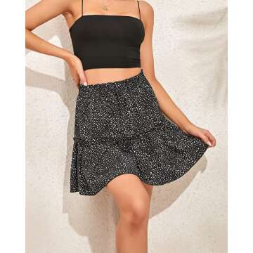 Dokuritu Womens Floral Skater Skirt Black Tiered Skirt Short Floral Mini Skirt with Drawstring High Waisted Skirts for Women