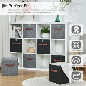 VinneGenzz 2PCS Storage Cubes with Lid Fabric Storage Bins Boxes PU Leather Handles Cotton Linen Closet Organizer Container Decorative Foldable Washable Shelf Cloth Basket (Zipper Lid, Black, 11in)