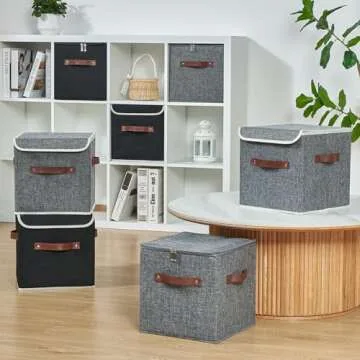 VinneGenzz 2PCS Storage Cubes with Lid Fabric Storage Bins Boxes PU Leather Handles Cotton Linen Closet Organizer Container Decorative Foldable Washable Shelf Cloth Basket (Zipper Lid, Black, 11in)