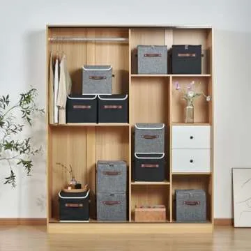 VinneGenzz 2PCS Storage Cubes with Lid Fabric Storage Bins Boxes PU Leather Handles Cotton Linen Closet Organizer Container Decorative Foldable Washable Shelf Cloth Basket (Zipper Lid, Black, 11in)