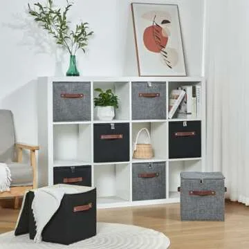 VinneGenzz 2PCS Storage Cubes with Lid Fabric Storage Bins Boxes PU Leather Handles Cotton Linen Closet Organizer Container Decorative Foldable Washable Shelf Cloth Basket (Zipper Lid, Black, 11in)