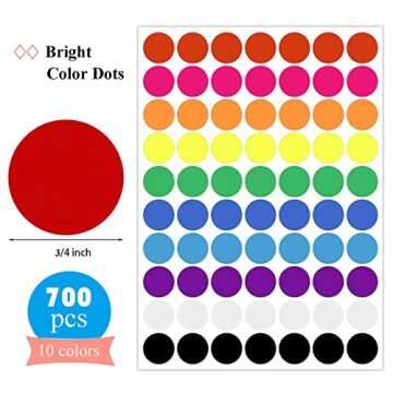 700 PCS Dot Stickers 3/4 Inch Color Coding Labels Round Colored Dot Stickers, 10 Assorted Color Colo...