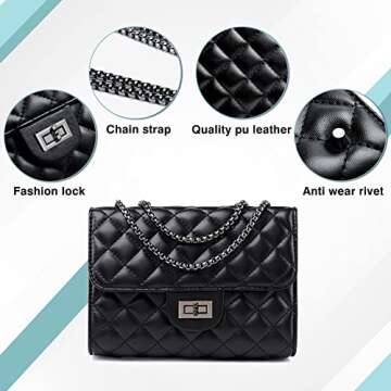 CEDDEOS Black Crossbody Bags for Women, Black Small Purses with Quilted Chain PU Leather Made Black Clutch Purse Black Crossbody bags for Women Small