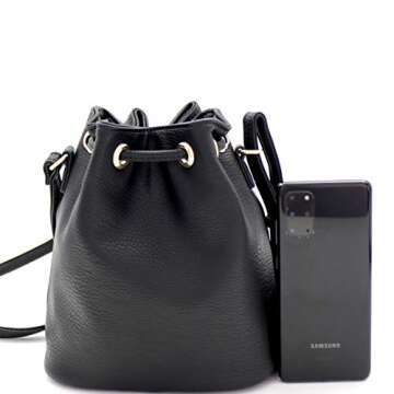 Trendeology Casual Soft PU Leather Drawstring Small 2 Way Bucket Shoulder Bag Crossbody Zblack