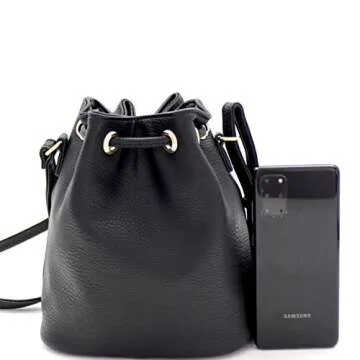 Trendeology Casual Soft PU Leather Drawstring Small 2 Way Bucket Shoulder Bag Crossbody Zblack