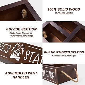 Zingoetrie S'mores Station Wooden Box S'mores Bar Holder with Handles Farmhouse Kitchen Decor Rustic Smores Roasting Station Wood Organizer Camping BBQ Accessories Teacher Gift