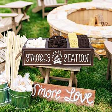 Zingoetrie S'mores Station Wooden Box S'mores Bar Holder with Handles Farmhouse Kitchen Decor Rustic Smores Roasting Station Wood Organizer Camping BBQ Accessories Teacher Gift