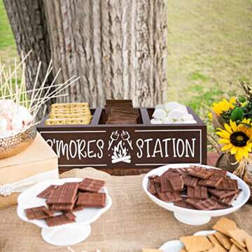 Zingoetrie S'mores Station Wooden Box S'mores Bar Holder with Handles Farmhouse Kitchen Decor Rustic Smores Roasting Station Wood Organizer Camping BBQ Accessories Teacher Gift