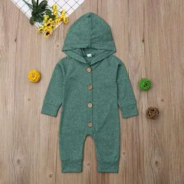 Nokpsedcb Newborn Kids Baby Boys Cute Solid Color Long Sleeve Hooded Romper Jumpsuit Top Outfits Clothes Green, 0-6 Months