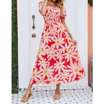 ZESICA Women's 2025 Summer Boho Floral Print Square Neck Ruffle Swing Beach Long Maxi Dress,Tomato,Small