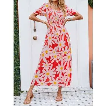 ZESICA Women's 2025 Summer Boho Floral Print Square Neck Ruffle Swing Beach Long Maxi Dress,Tomato,Small