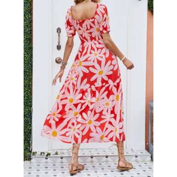 ZESICA Women's 2025 Summer Boho Floral Print Square Neck Ruffle Swing Beach Long Maxi Dress,Tomato,Small
