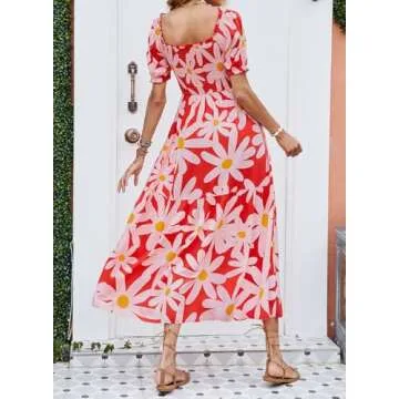 ZESICA Women's 2025 Summer Boho Floral Print Square Neck Ruffle Swing Beach Long Maxi Dress,Tomato,Small