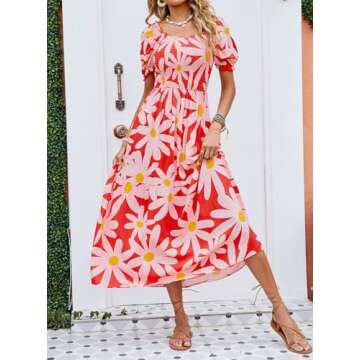 ZESICA Women's 2025 Summer Boho Floral Print Square Neck Ruffle Swing Beach Long Maxi Dress,Tomato,Small