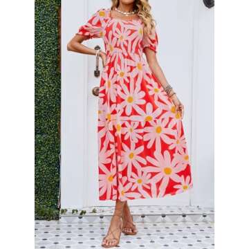 ZESICA Women's 2025 Summer Boho Floral Print Square Neck Ruffle Swing Beach Long Maxi Dress,Tomato,Small