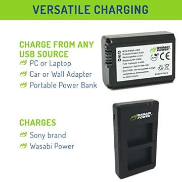 Wasabi Power NP-FW50 Battery 2-Pack & USB-C Dual Charger for Sony ZV-E10, Alpha a5100, a6000, a6300, a6400, a6500, a7R, a7R II, a7S, a7S II, DSC-RX10 III, RX10 IV & More
