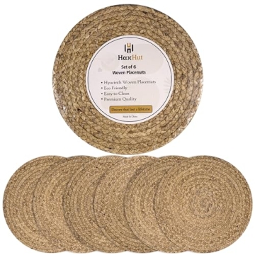 Haxhut Hand Woven Round Placemats Set of 6 - Natural Straw Braided Rattan, 13.5 Inches - Non-Slip, H...