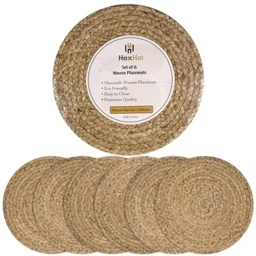Haxhut Hand Woven Round Placemats Set of 6 - Natural Straw Braided Rattan, 13.5 Inches - Non-Slip, H...