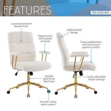 Elegant White and Gold Office Chair with Boucle Fabric