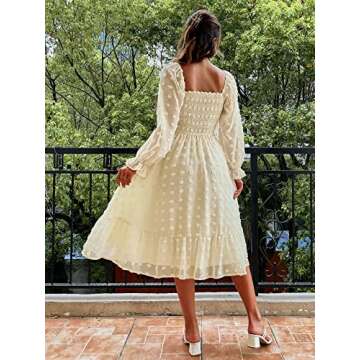 Amegoya Women's Elegant Square Neck Long Sleeve Formal Dress Fall Swiss Dot Modest Smocked Midi Wedding Guest Dress (Beige L)