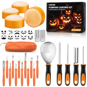 Luditek 17 PCS Pumpkin Carving Kit with Stencils & Lights