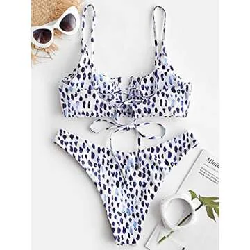 ZAFUL Leopard Printed Bikini Set Swimsuit Braided Ribbed high Cut Swimwear