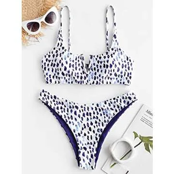 ZAFUL Leopard Printed Bikini Set Swimsuit Braided Ribbed high Cut Swimwear
