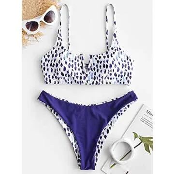 ZAFUL Leopard Printed Bikini Set Swimsuit Braided Ribbed high Cut Swimwear