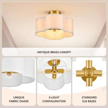 VONLUCE Semi Flush Mount Ceiling Light, 13'' Ceiling Light Fixture with Four Leaf Clover-Shaped, 4-Light Modern Light Fixture for Bedroom Living Room Nursery Hallway, White Shade & Gold Finish