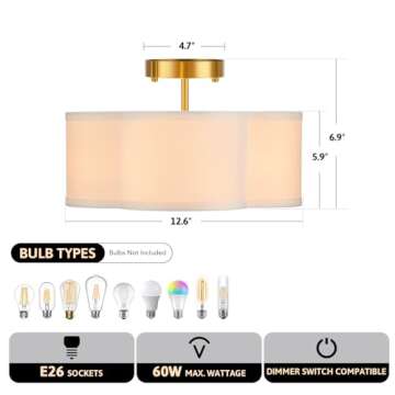 VONLUCE Semi Flush Mount Ceiling Light, 13'' Ceiling Light Fixture with Four Leaf Clover-Shaped, 4-Light Modern Light Fixture for Bedroom Living Room Nursery Hallway, White Shade & Gold Finish
