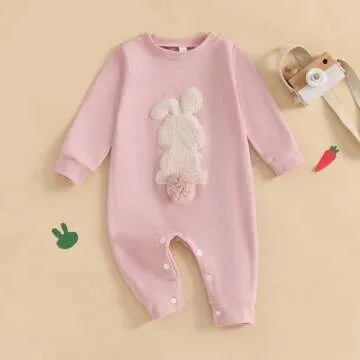 Easter Baby Boy Girl Outfit Embroidery Bunny Rompers Bunny Tail Jumpsuit Unisex Newborn Infant Easte...